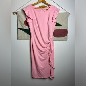 Gardenwed Pink stretch short sleeve romanticBarbie  Ruffle hem pink midi dress L